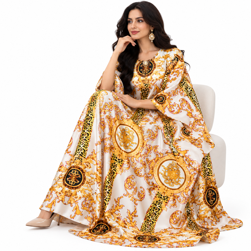 Beige Baroque Print Luxury Flowing Kaftan-3