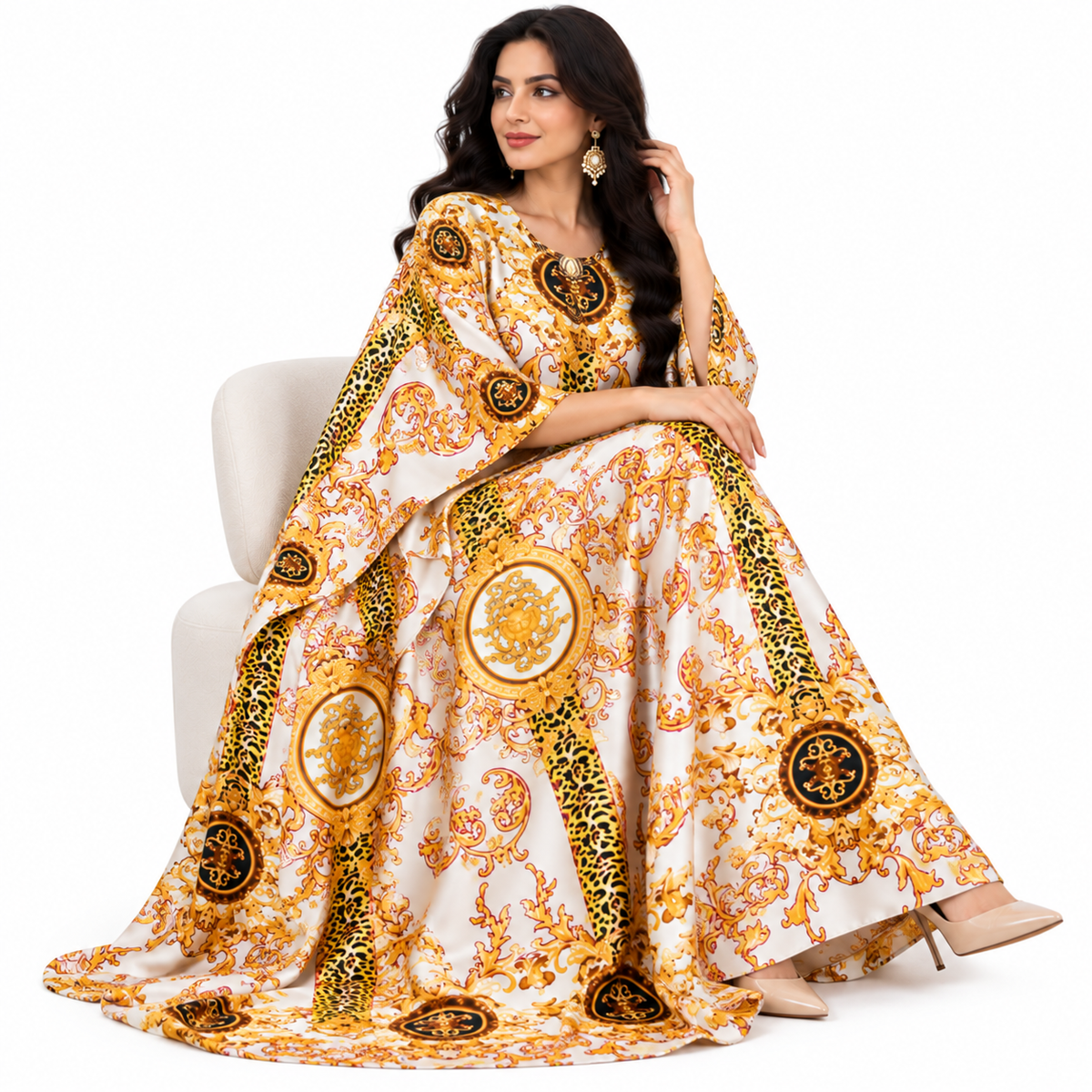 Beige Baroque Print Luxury Flowing Kaftan-2