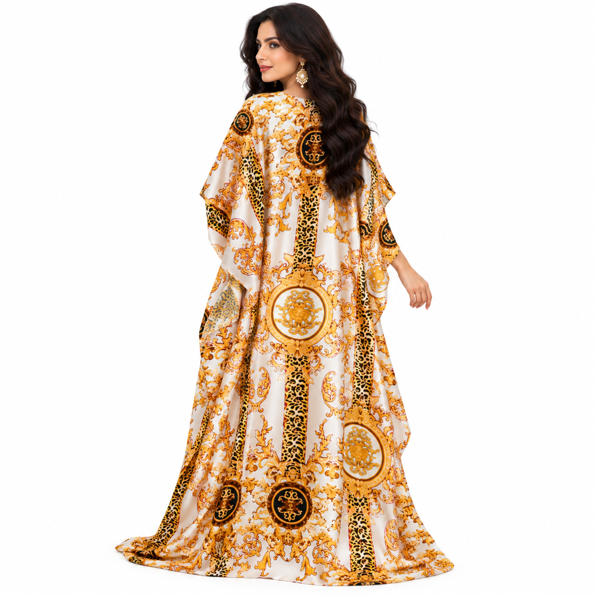 Beige Baroque Print Luxury Flowing Kaftan-4