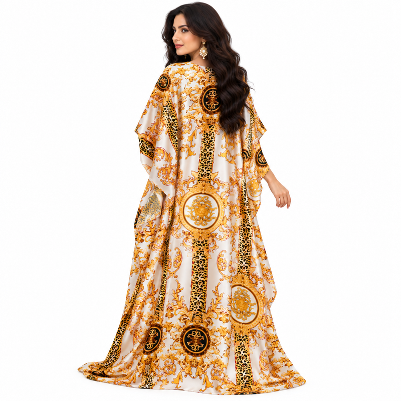 Beige Baroque Print Luxury Flowing Kaftan-4