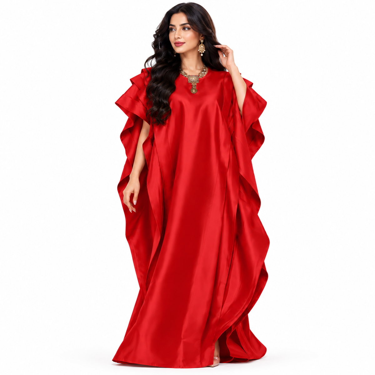 Elegant Red Satin Ruffle Sleeve Kaftan-1