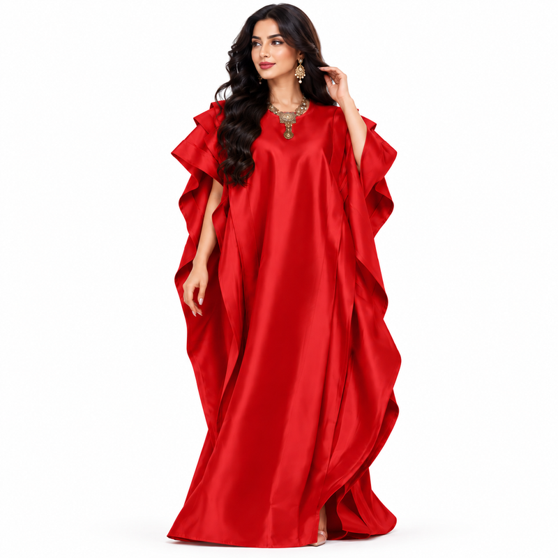 Elegant Red Satin Ruffle Sleeve Kaftan-1