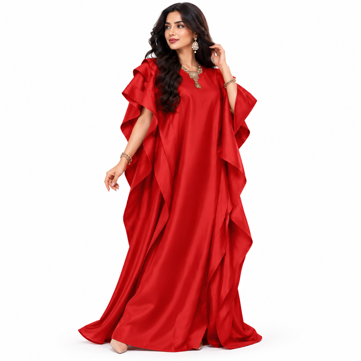 Elegant Red Satin Ruffle Sleeve Kaftan-3