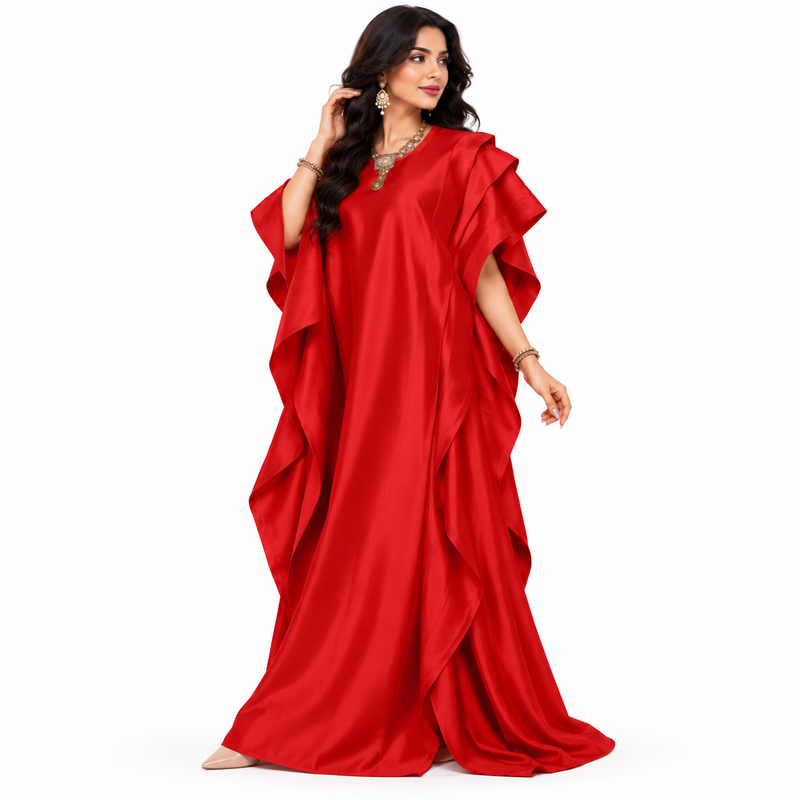 Elegant Red Satin Ruffle Sleeve Kaftan-2