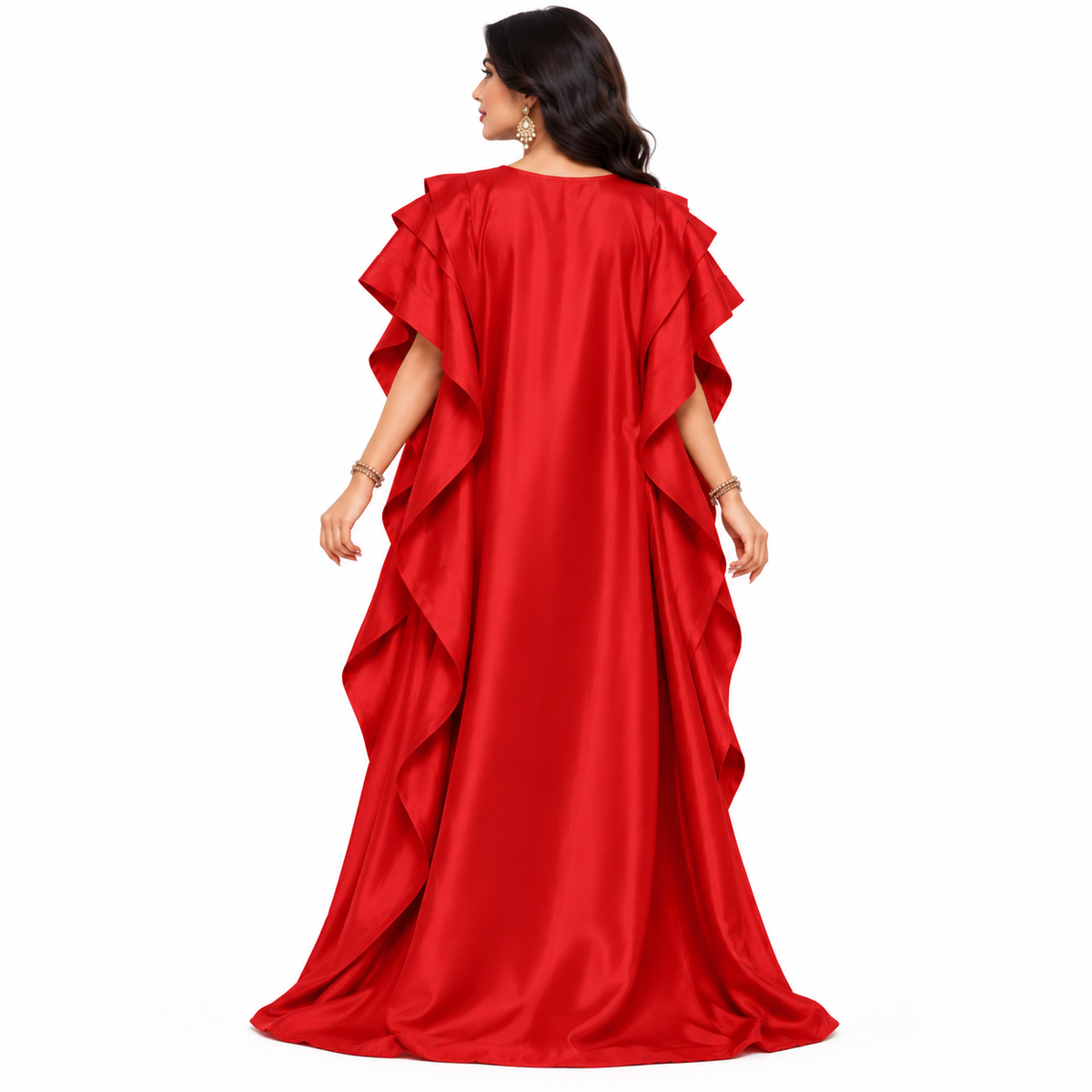 Elegant Red Satin Ruffle Sleeve Kaftan-4