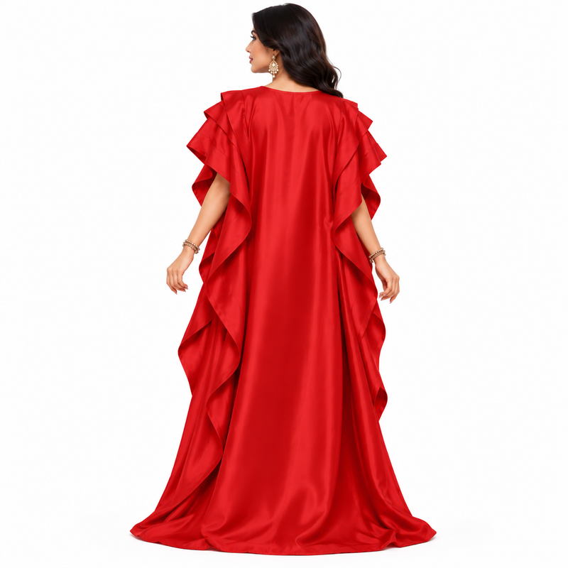 Elegant Red Satin Ruffle Sleeve Kaftan-4