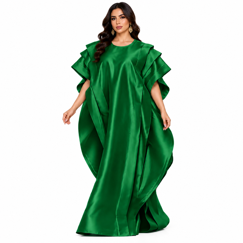 Emerald Green Ruffled Satin Luxury Kaftan-1
