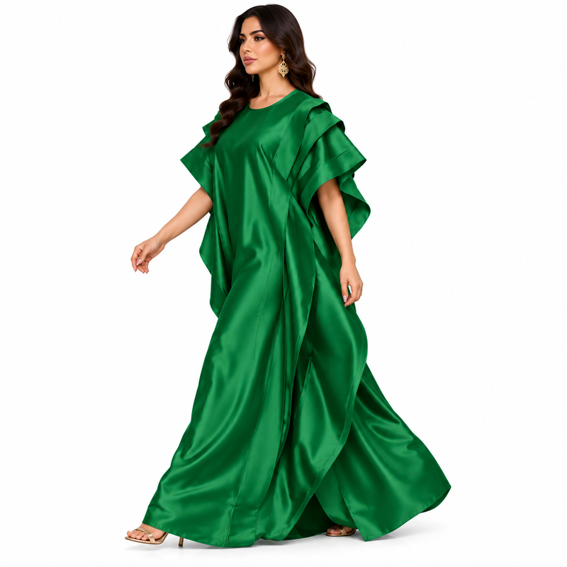 Emerald Green Ruffled Satin Luxury Kaftan-3
