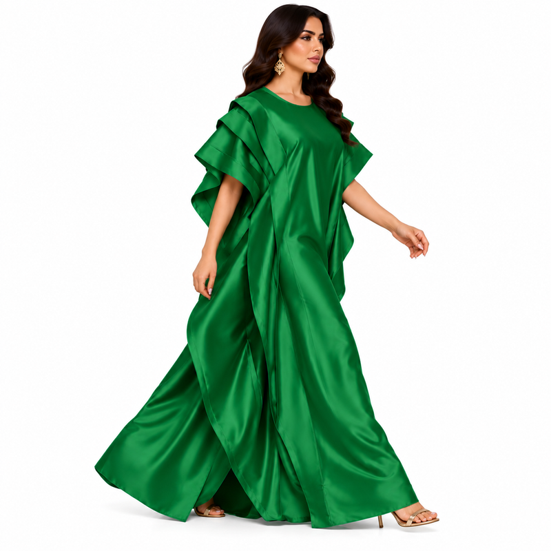 Emerald Green Ruffled Satin Luxury Kaftan-2