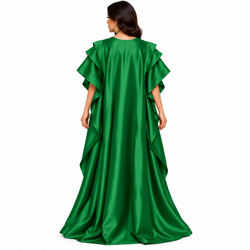 Emerald Green Ruffled Satin Luxury Kaftan-4