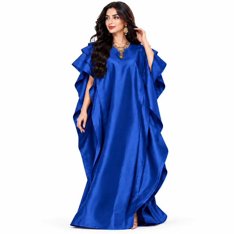 Royal Blue Satin Ruffle Sleeve Kaftan-1