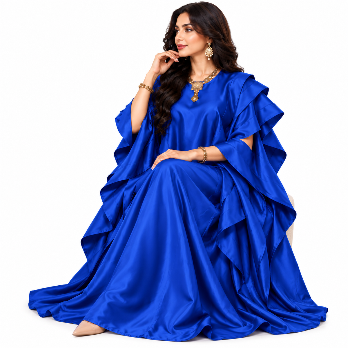 Royal Blue Satin Ruffle Sleeve Kaftan-3