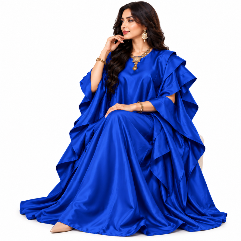 Royal Blue Satin Ruffle Sleeve Kaftan-3