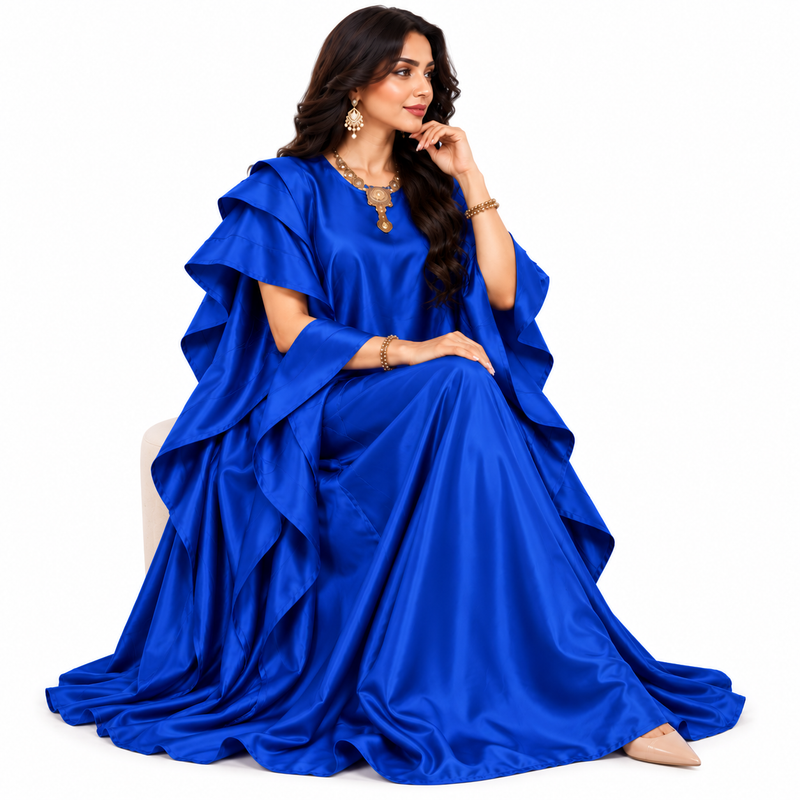 Royal Blue Satin Ruffle Sleeve Kaftan-2