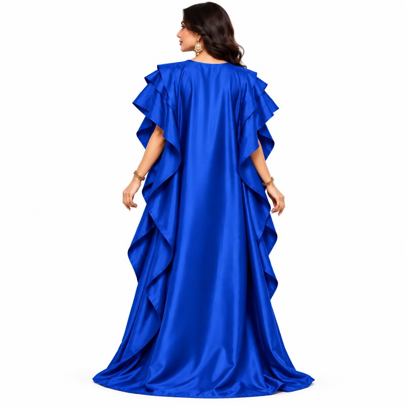 Royal Blue Satin Ruffle Sleeve Kaftan-4