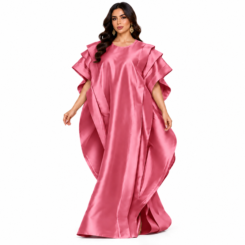 Rose Pink Ruffled Satin Luxury Kaftan-1