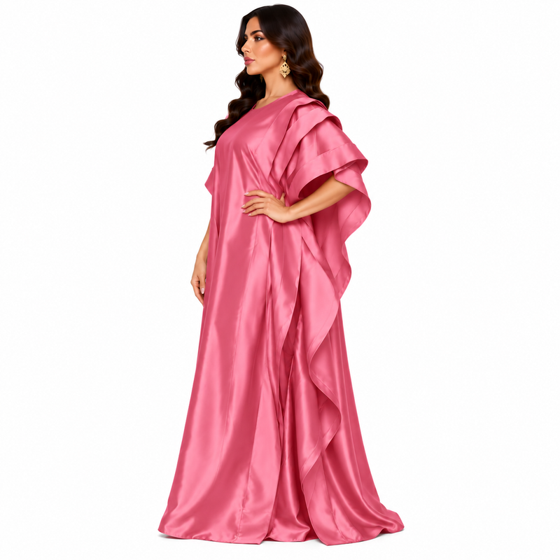 Rose Pink Ruffled Satin Luxury Kaftan-2