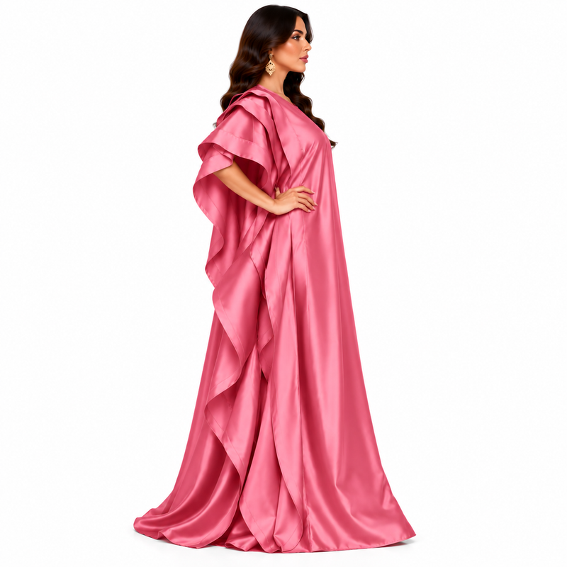 Rose Pink Ruffled Satin Luxury Kaftan-3