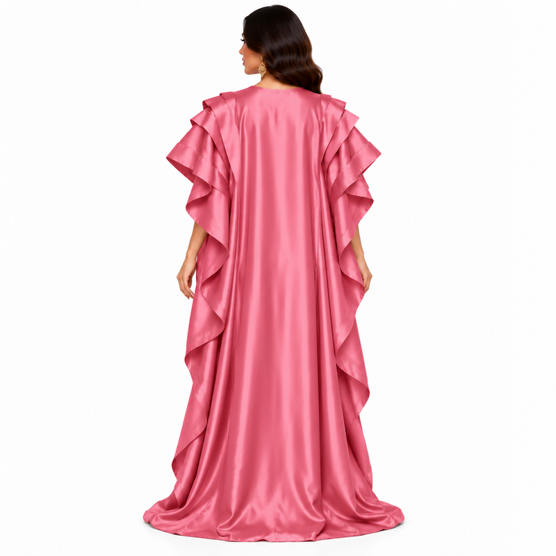Rose Pink Ruffled Satin Luxury Kaftan-4