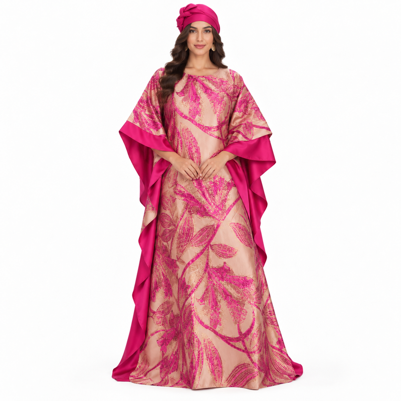 Fuchsia Botanical Satin Luxury Evening Kaftan-1