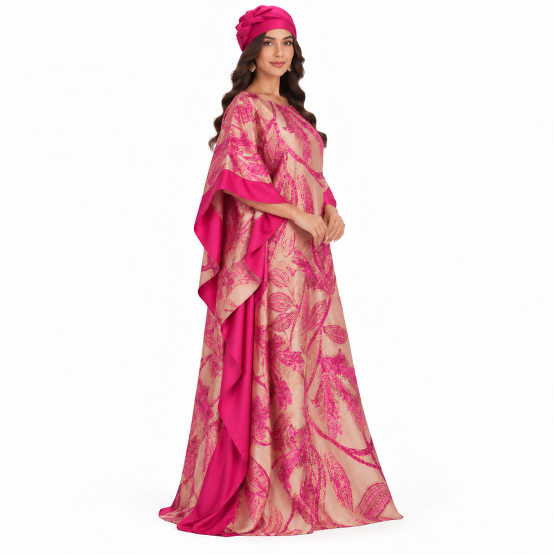 Fuchsia Botanical Satin Luxury Evening Kaftan-3