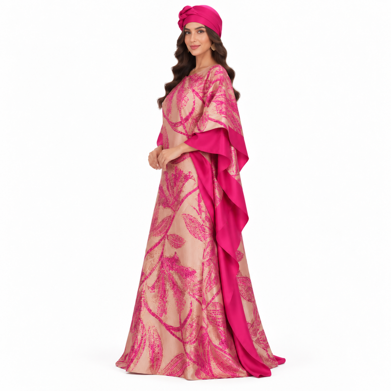 Fuchsia Botanical Satin Luxury Evening Kaftan-2