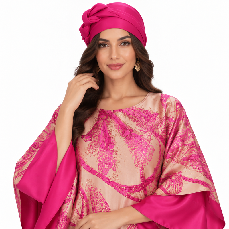 Fuchsia Botanical Satin Luxury Evening Kaftan-4