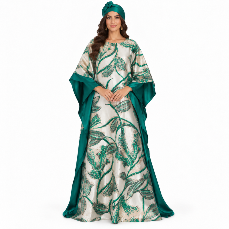 Green Emerald Botanical Satin Luxury Kaftan-1
