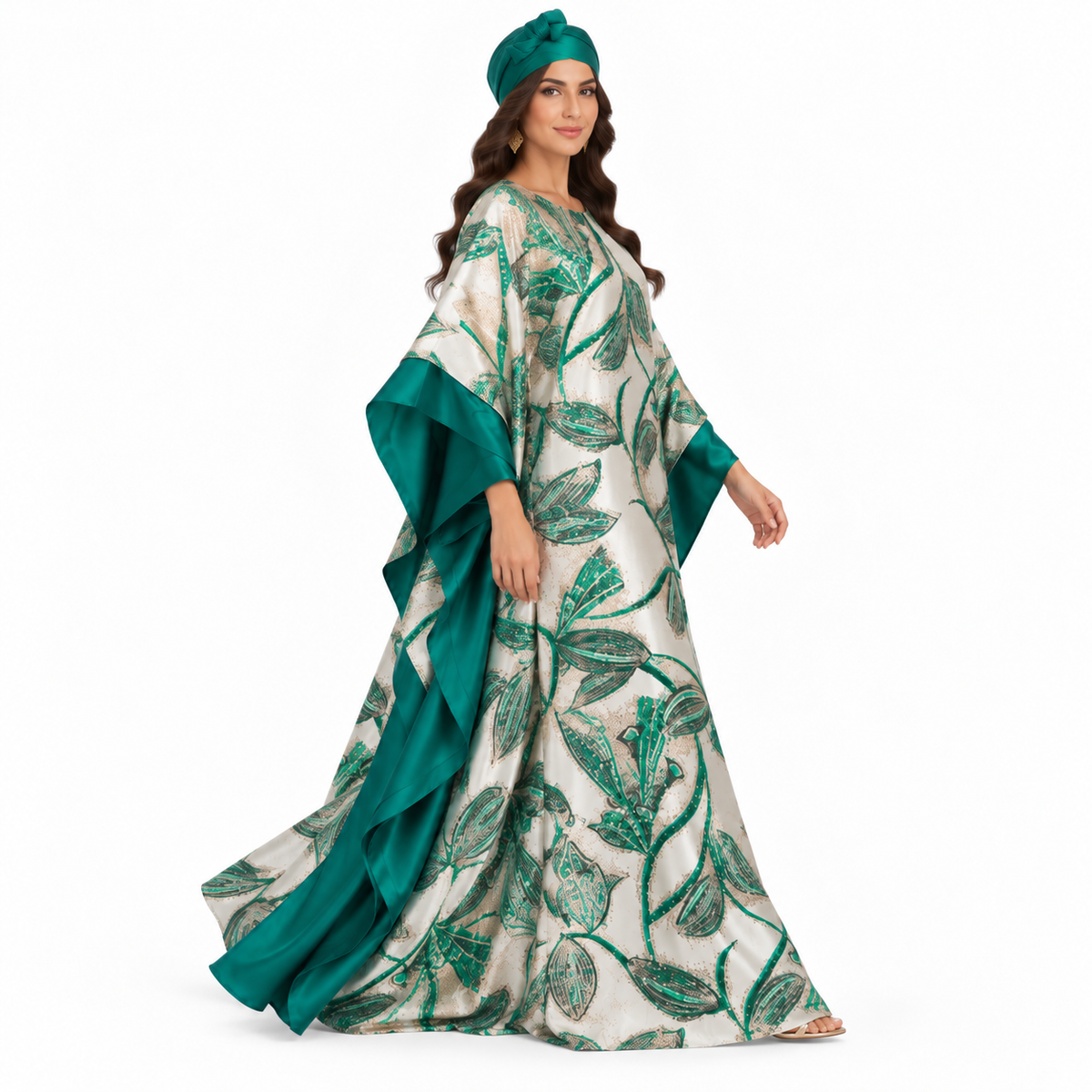 Green Emerald Botanical Satin Luxury Kaftan-4