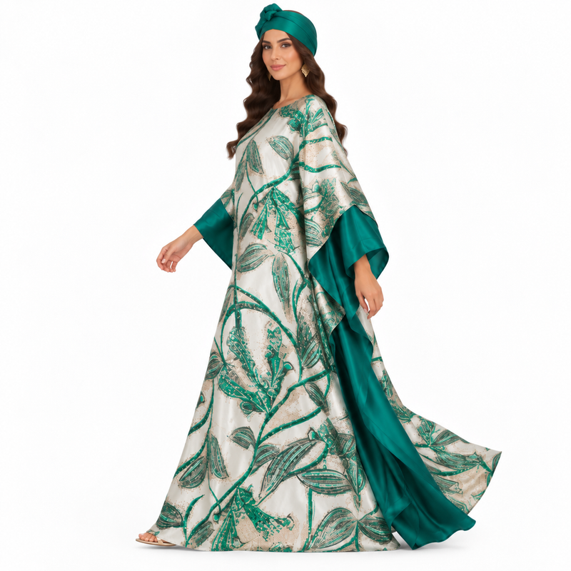 Green Emerald Botanical Satin Luxury Kaftan-2