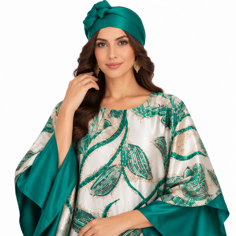 Green Emerald Botanical Satin Luxury Kaftan-3