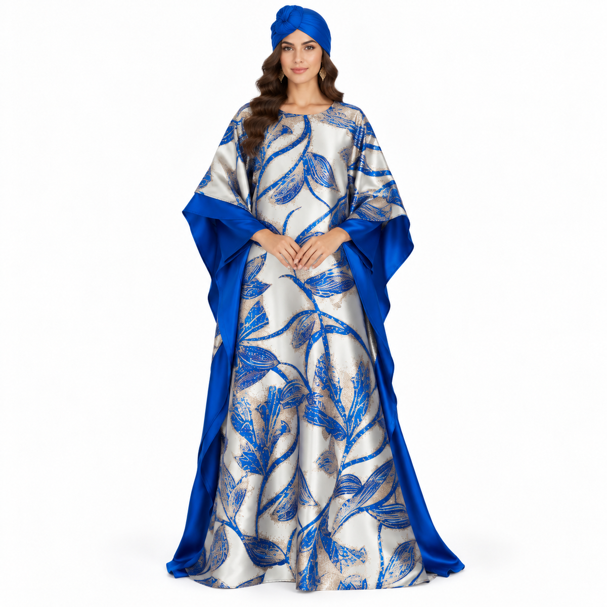 Royal Blue Botanical Satin Luxury Kaftan-1