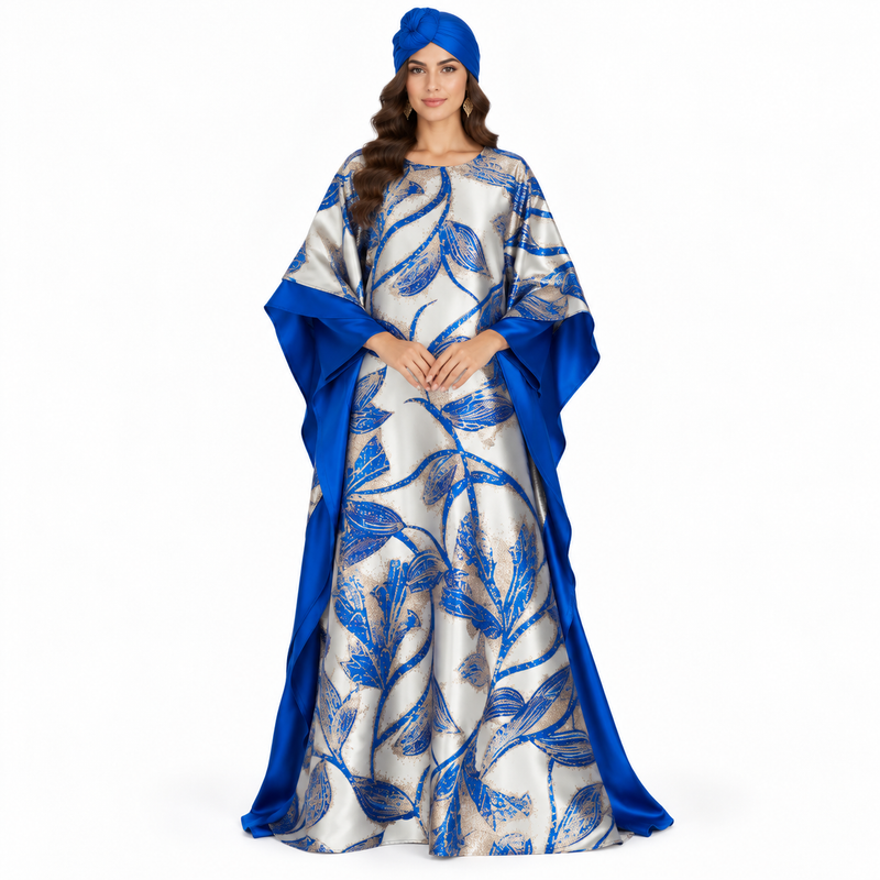 Royal Blue Botanical Satin Luxury Kaftan-1