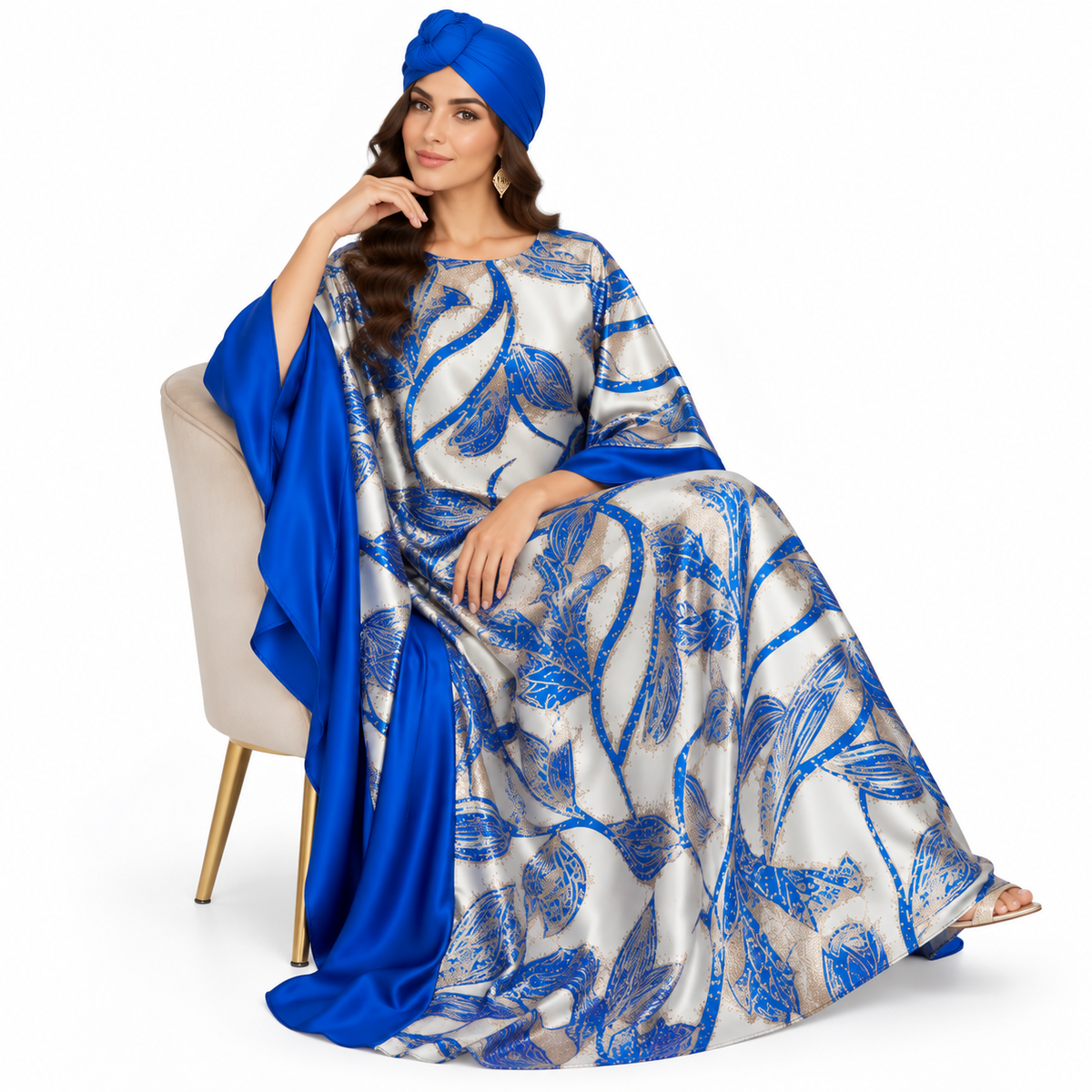Royal Blue Botanical Satin Luxury Kaftan-4