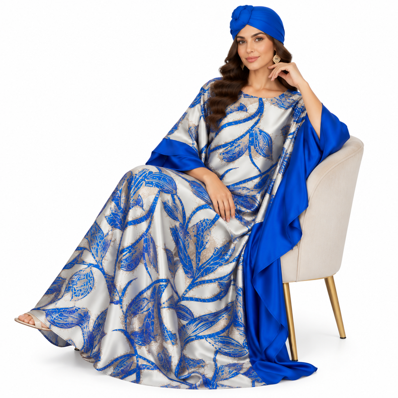 Royal Blue Botanical Satin Luxury Kaftan-2