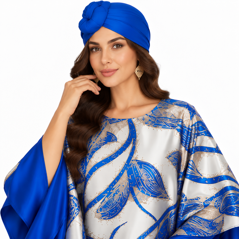 Royal Blue Botanical Satin Luxury Kaftan-3