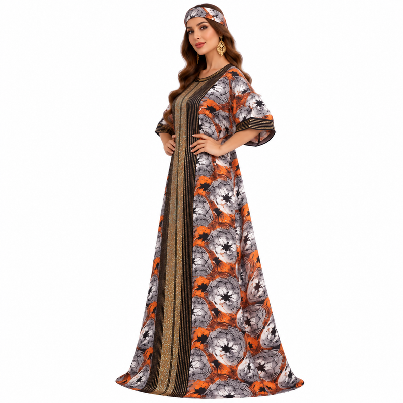 Orange Gold Printed Luxury Women’s Kaftan-2