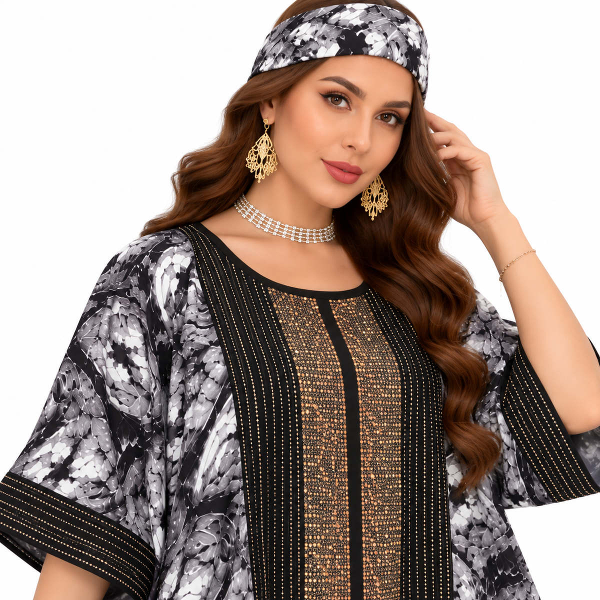 Black Gold Embellished Printed Women’s Kaftan-3