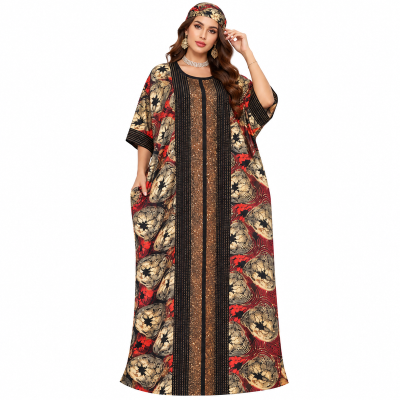 Red Gold Embellished Printed Women’s Kaftan-1