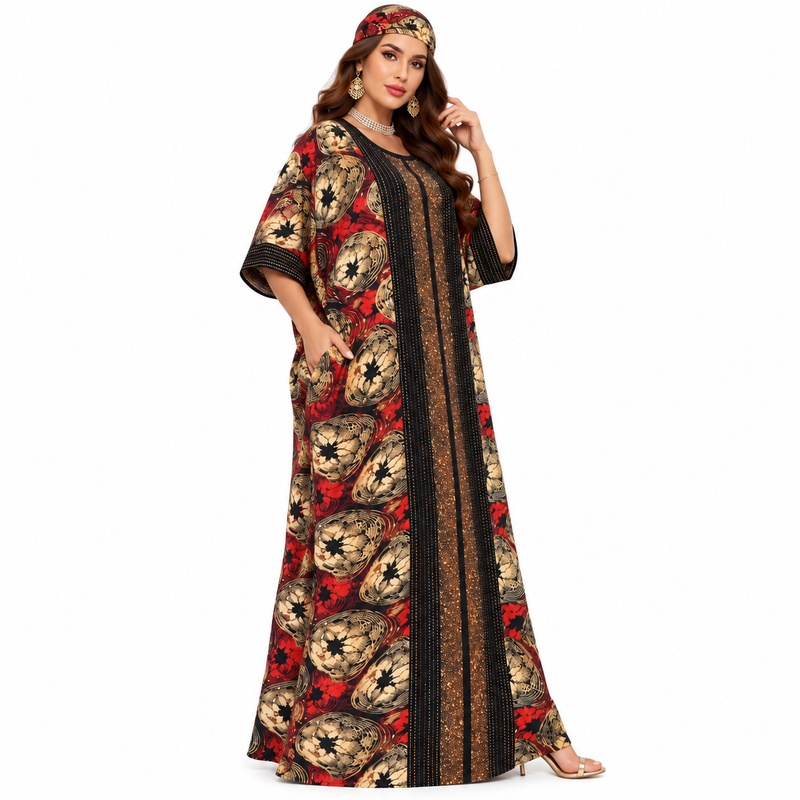 Red Gold Embellished Printed Women’s Kaftan-4