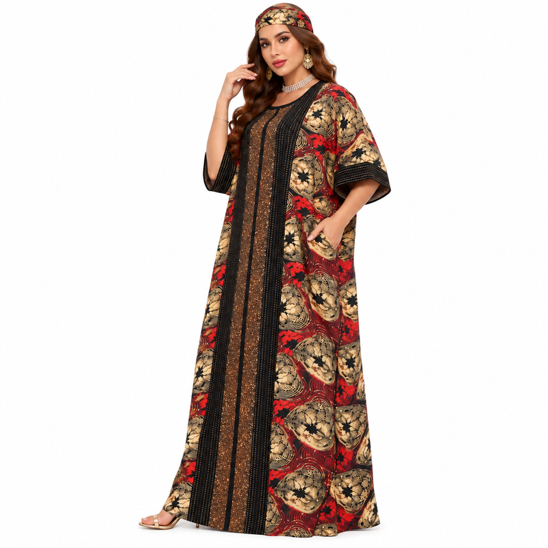 Red Gold Embellished Printed Women’s Kaftan-2