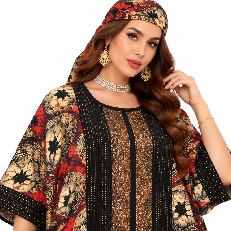 Red Gold Embellished Printed Women’s Kaftan-3