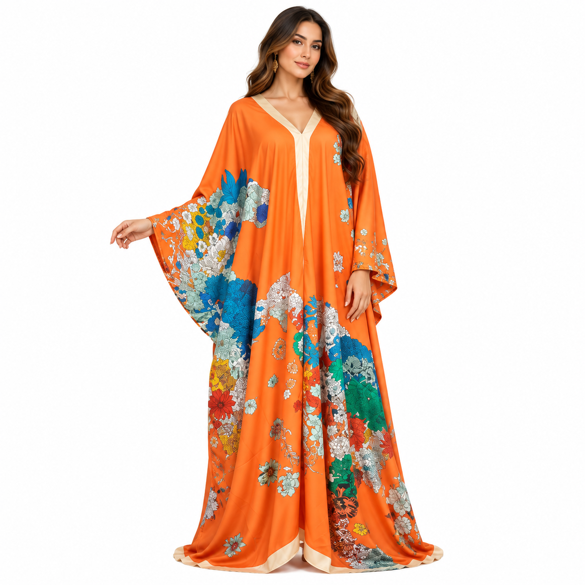 Vibrant Orange Floral Luxury Kaftan Dress-1