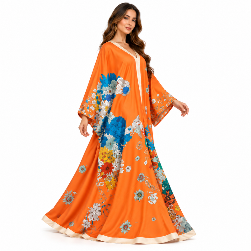 Vibrant Orange Floral Luxury Kaftan Dress-4
