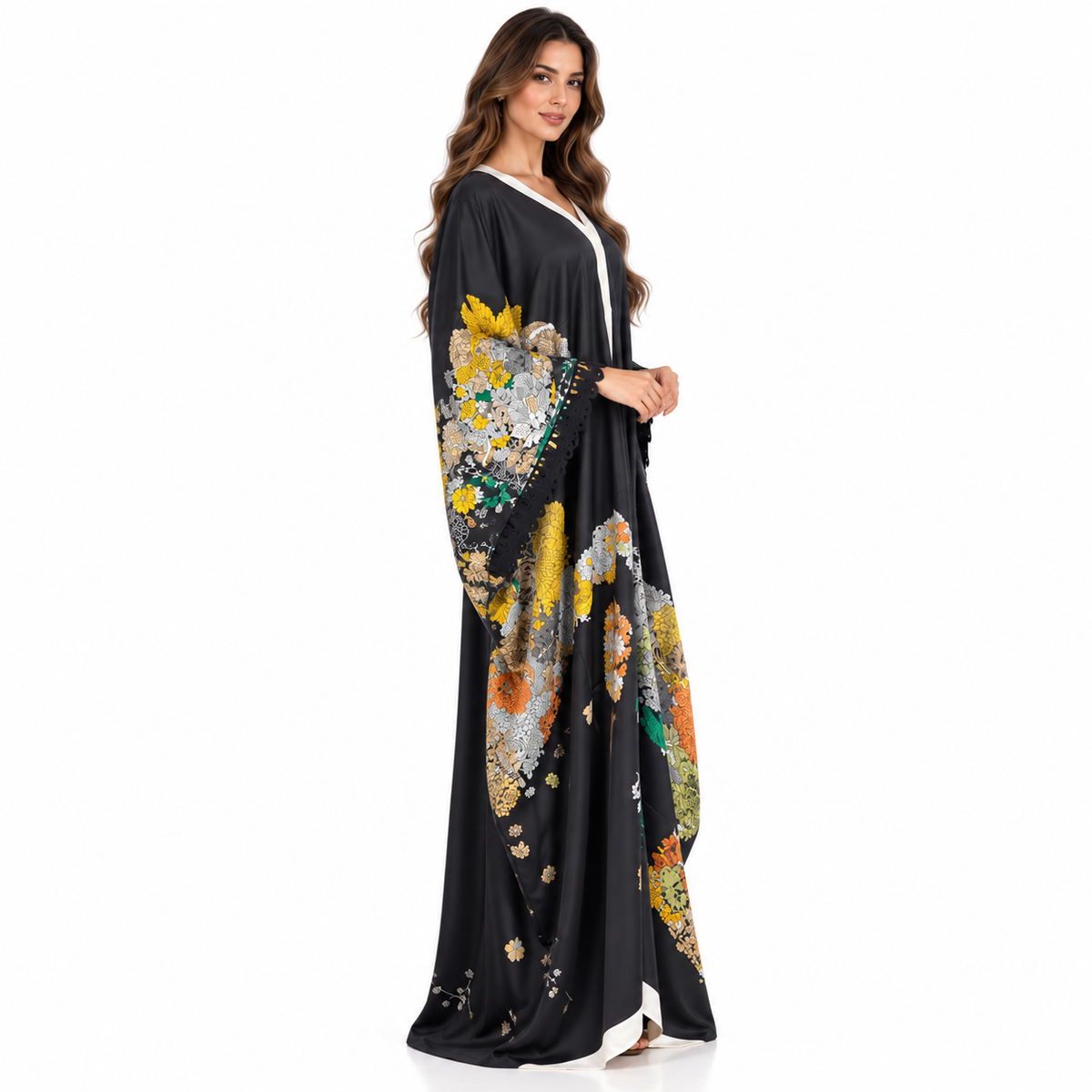 Black Floral Print Luxury Flowing Kaftan-4