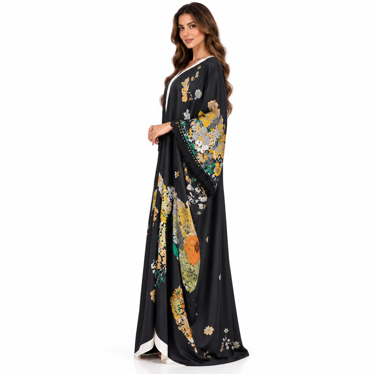 Black Floral Print Luxury Flowing Kaftan-2