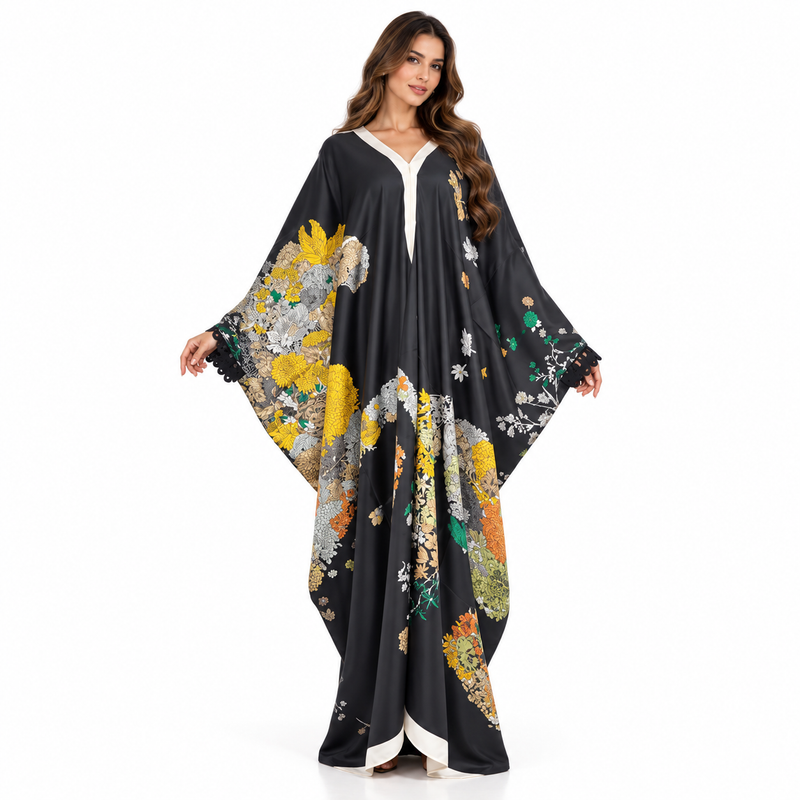 Black Floral Print Luxury Flowing Kaftan-1
