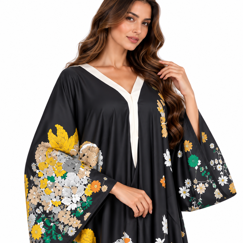 Black Floral Print Luxury Flowing Kaftan-3