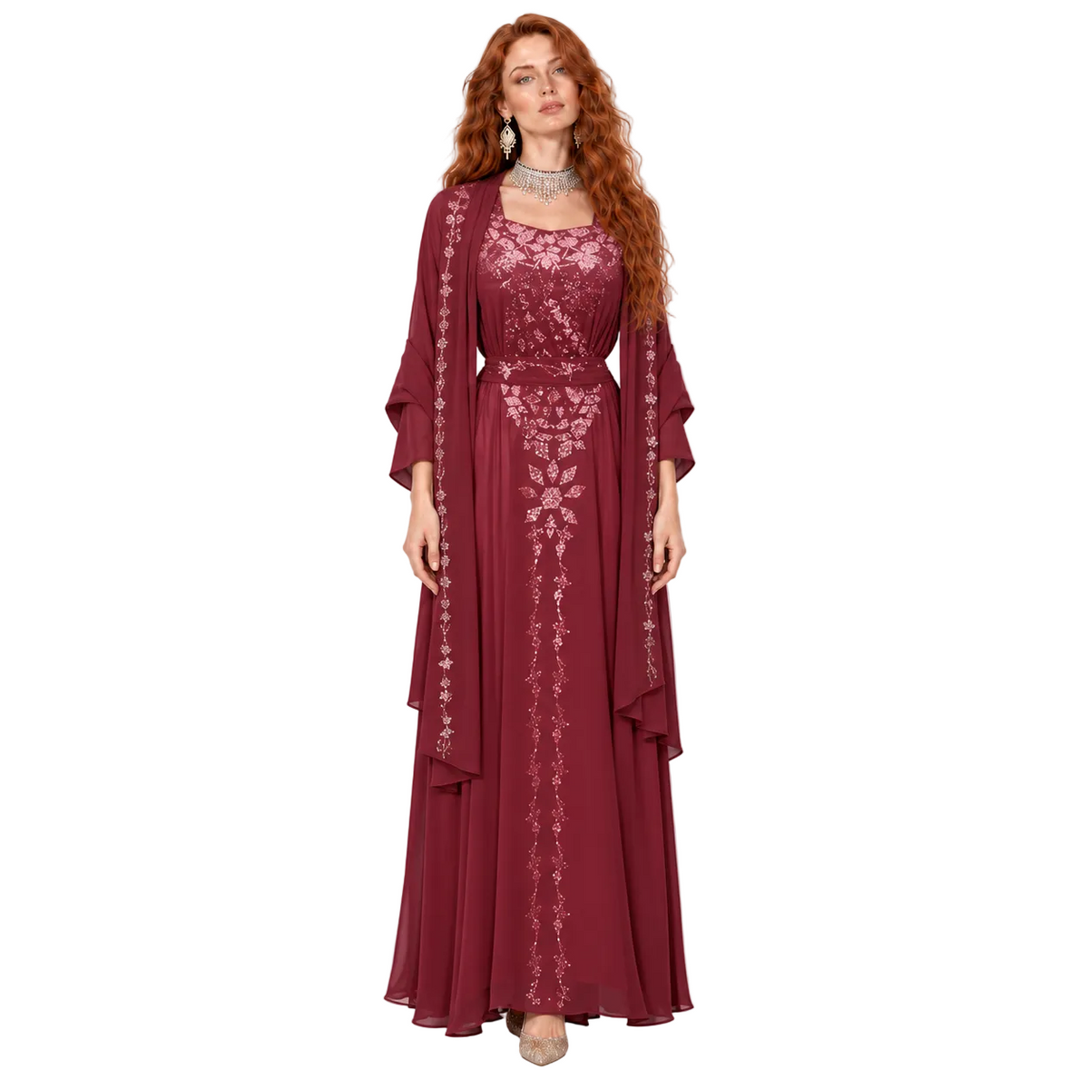 Elegant Burgundy Floral Embroidered Kaftan Lebaran-1
