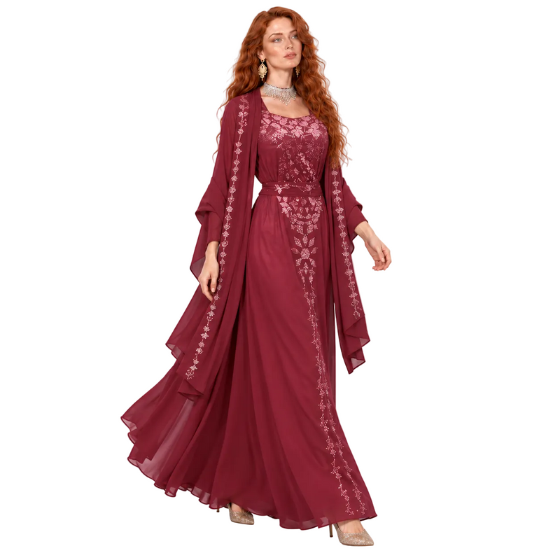 Elegant Burgundy Floral Embroidered Kaftan Lebaran-3